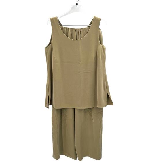 ASIATICA Olive Green Lagenlook 2 Piece Set Silk Tank & Wide Leg Pants Size 18 - Picture 1 of 9